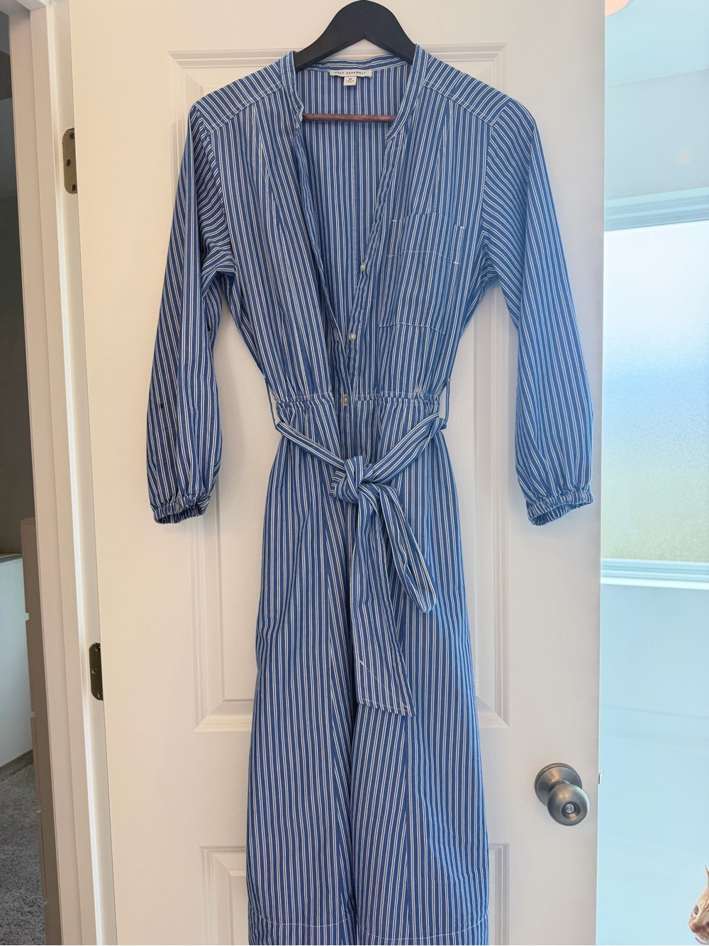 Striped Blue Tie-Waist Long Sleeve Dress